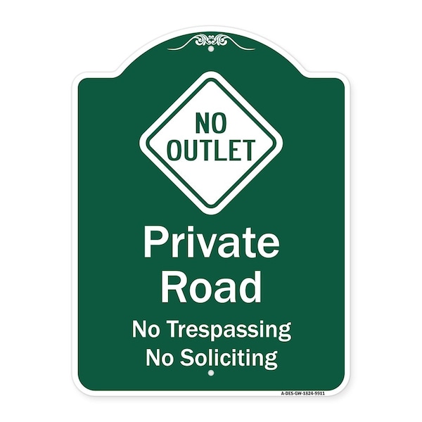 Private Road No Trespassing Or Soliciting With No Outlet Symbol Aluminum Sign, 24" H, GW-1824-9911